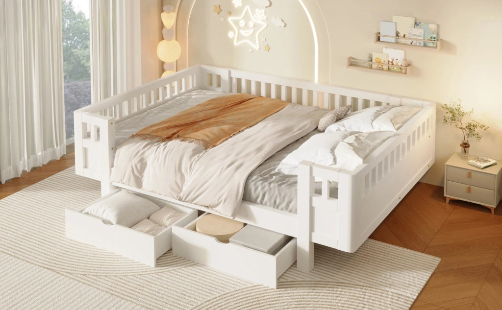 Letto a piattaforma 140x200 cm con protezione alta e due ampi cassetti, bianco