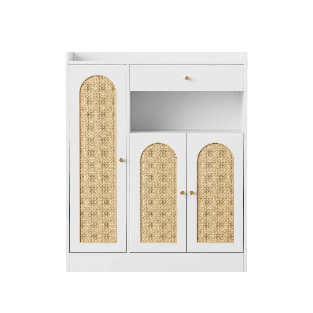 Mobili per l'ingresso, scarpiera in vimini, mobile contenitore, con cassetti, ripiani regolabili, bianco e color naturale