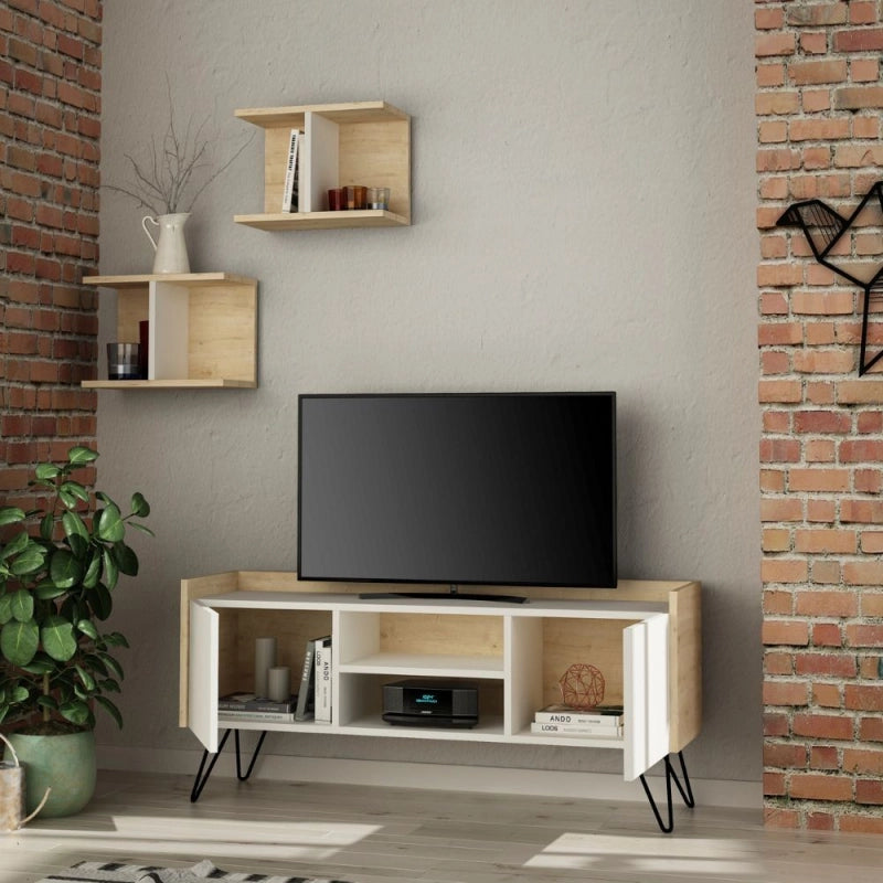 Porta TV Klappe rovere con ante bianche e due mensole
