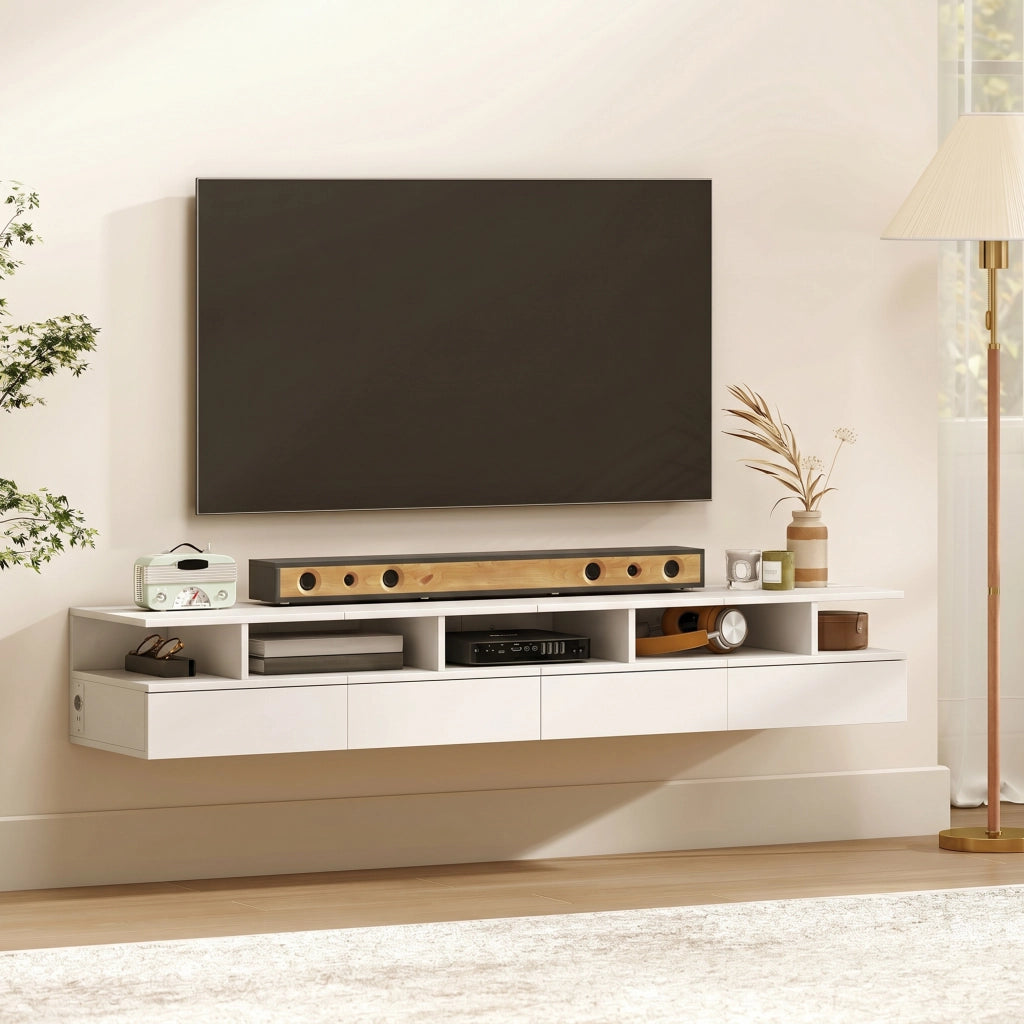 Set 2 Comodini Sospesi 40x35x30 cm con Stazione di Ricarica Cassetto e Ripiano Aperto in Legno Bianco