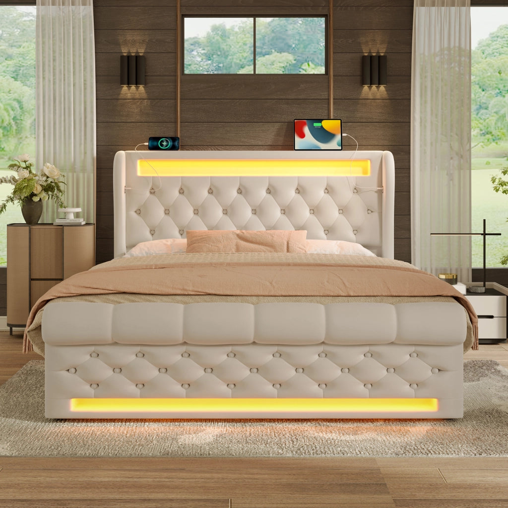 LETTO contenitore 140x190 cm in velluto beige con LED, USB e Type-C