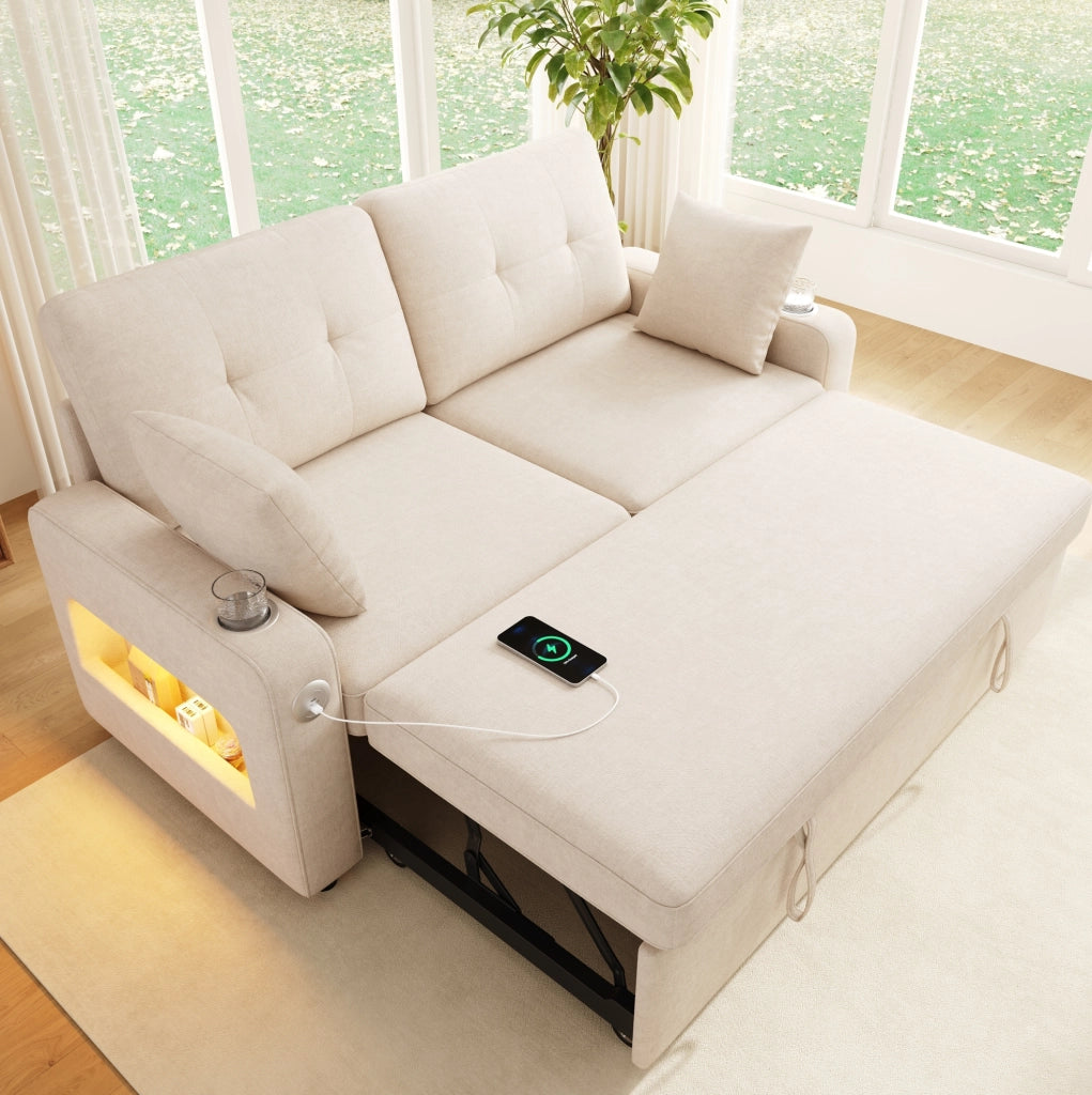Divano 2 posti trasformabile con letto; LED; USB Type-C; braccioli con vano portaoggetti; beige