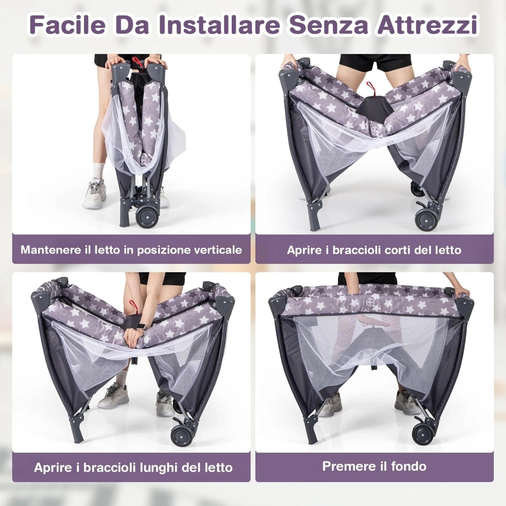 3 In 1 Lettino da Campeggio per Bambini, Lettino con Materasso Portatile per Neonati, Culla Pieghevole per Neonati con Fasciatoio, Carillon e Ruote con Freno, per Bambini 0-36 Mesi (Grigio)