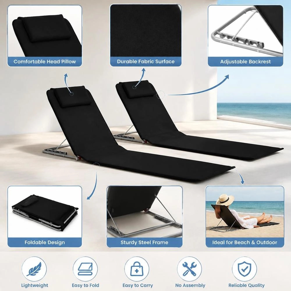 Foldable Beach Mat, 2 Pieces, Steel And Fabric, Black