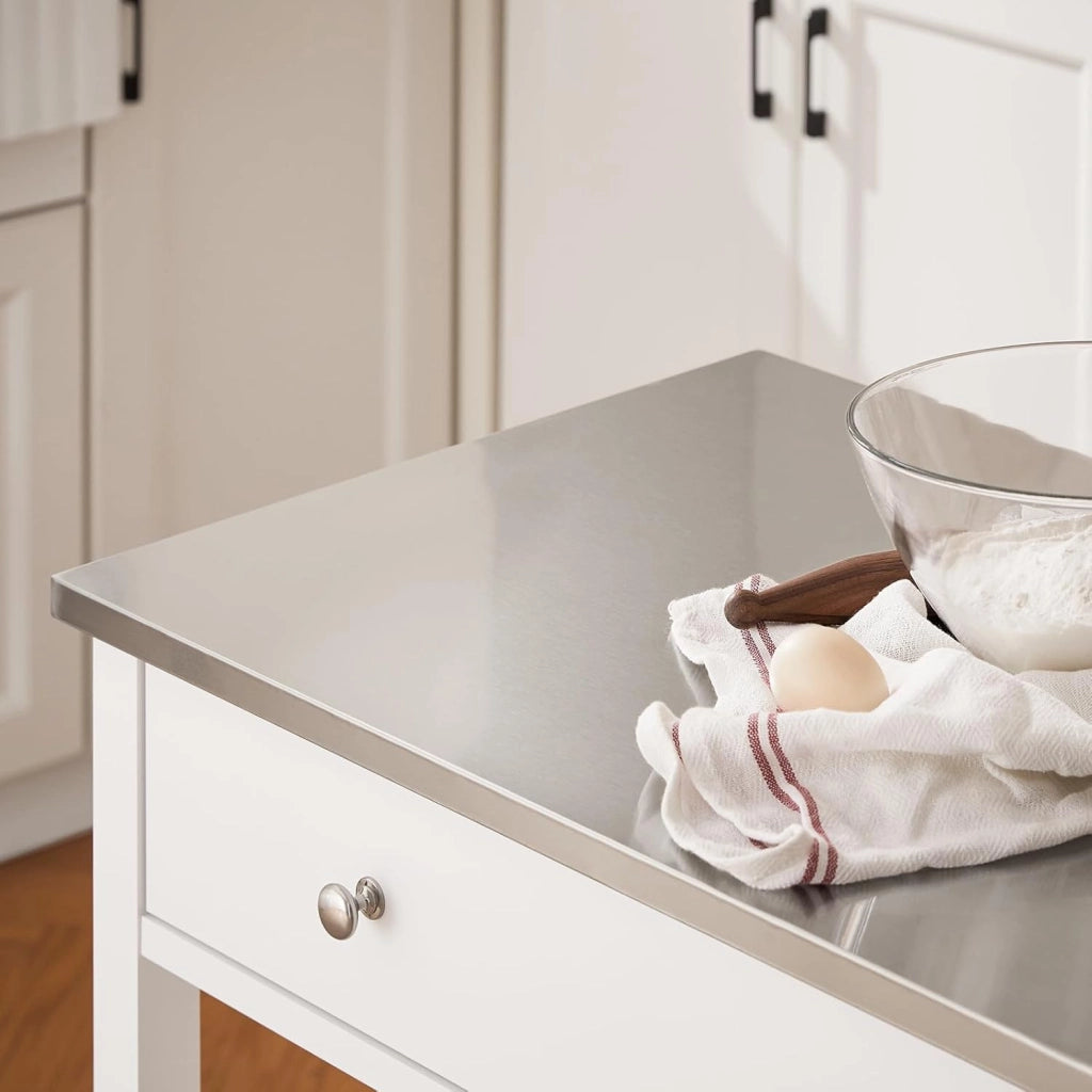 Carrello Cucina con Ruote Isola Cucina Salvaspazio Bianca con Piano in Acciaio Inox Mobiletto Cucina con Cassetti Mobile Cucina per Dispensa, Ingresso o Giardino 81x90x45cm FKW47-II-W