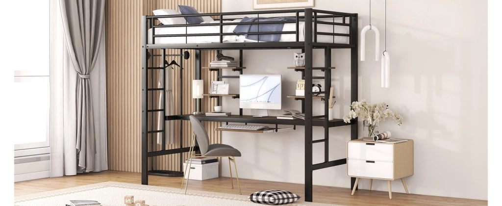 DESMIU Letto A Soppalco Singolo con Scrivania, 2 Scaffali e Scala 90 × 200 cm, Senza Materasso, Metallo Nero