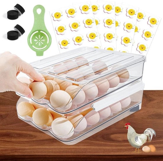 Eiertray per frigorifero - contenitore di deposito degli uova scorrevole riciclabile - piatti per frigorifero a doppia lastra - 36 griglie - organizzatore di uova automatico a rotazione - deposito degli uova - modo intelligente per conservare le uova