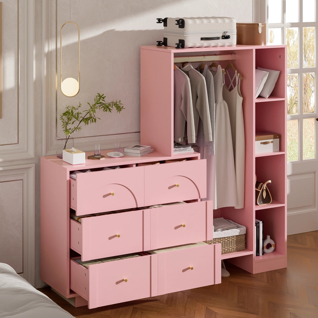 Armadio con 6 cassetti e asta - per camera da letto - 139×35×133 cm - rosa