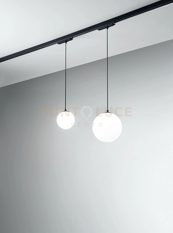 Sospensione in vetro opale Binario d.23cm bianco opaco cavo tessuto bianco LED 24W 3000K CRI?82 220-240V  1680Lm
