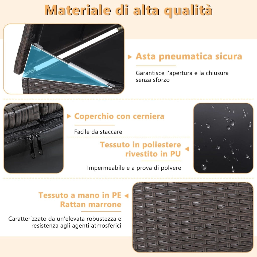 Baule da Giardino 662L, Panca Contenitore in Plastica con Coperchio, Maniglia e 2 Ruote Universali, in Rattan, per Interni e Esterni, 150 x 77 x 73 cm (Modello 3)