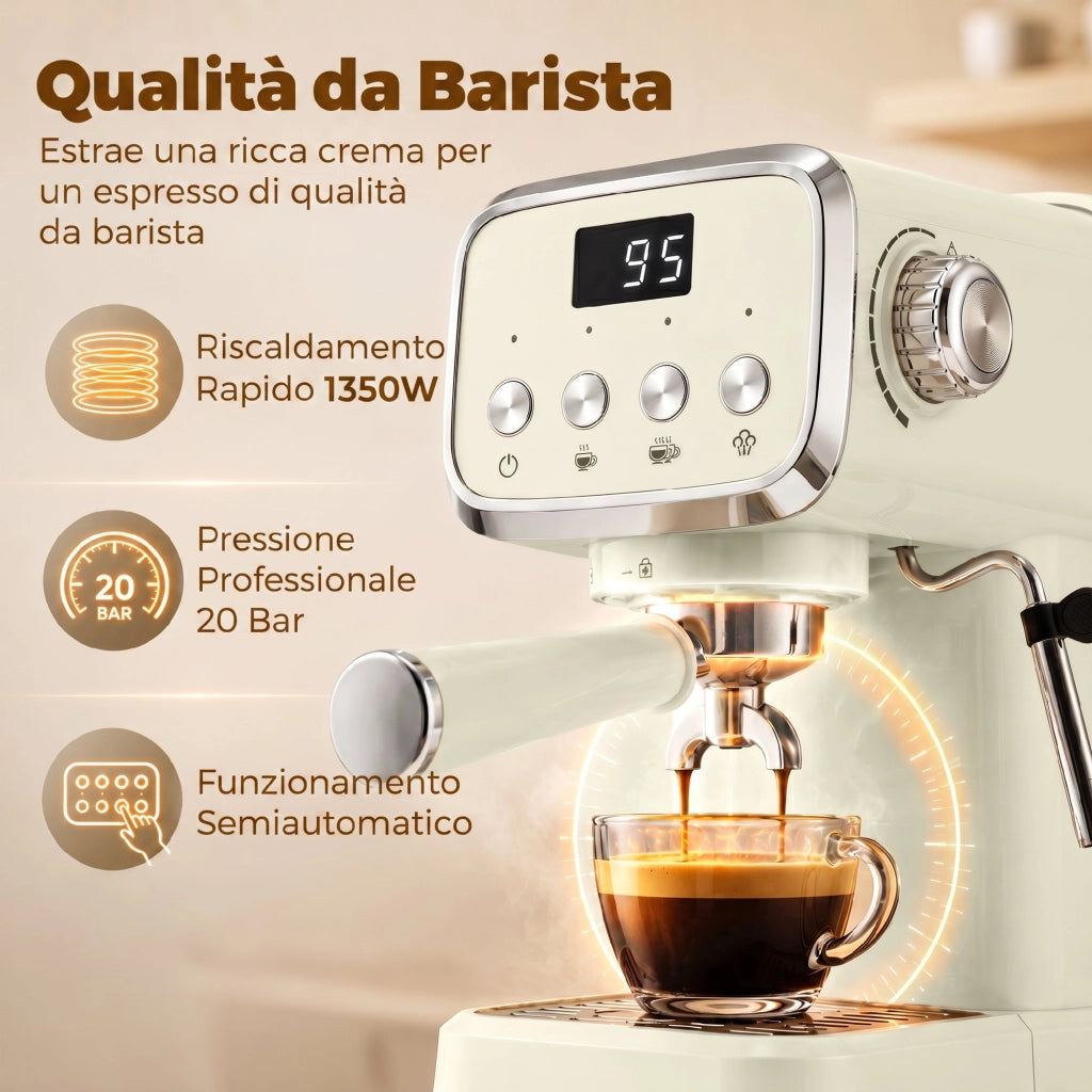 Macchina Caffè Espresso Semiautomatica 20 Bar 1350W con Lancia Montalatte e Scaldatazze per Casa Compatta e Pratica