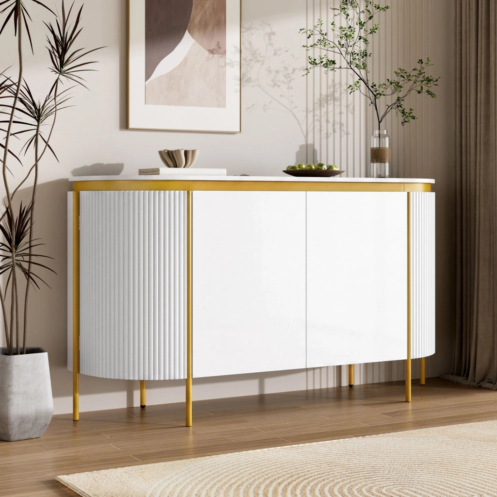 Credenza da 4 ante, mobile da ingresso, in MDF, con gambe in metallo, angoli arrotondati, colore bianco