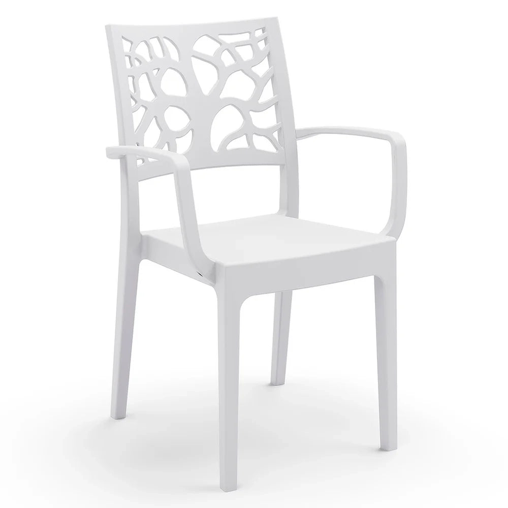 Sedia con braccioli in polipropilene TETI, impilabile, resistente ai raggi UV, design moderno, ideale per ambienti interni ed esterni, colore Bianco