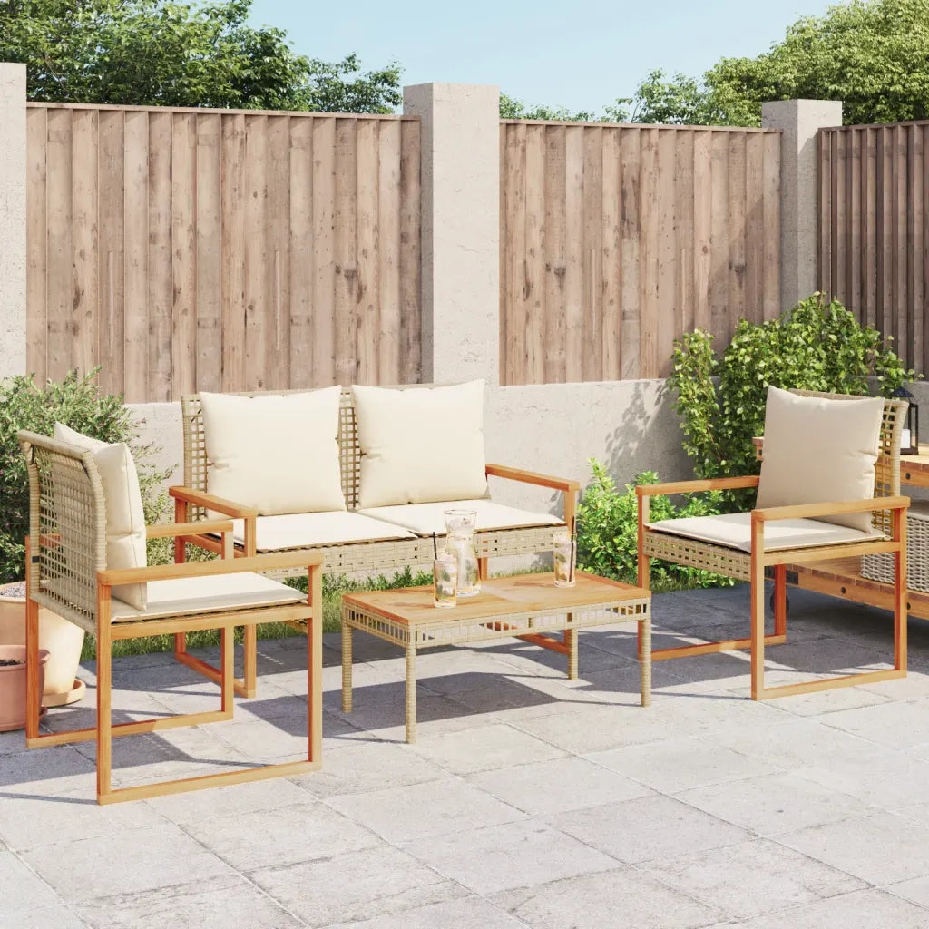 Set Salotto da Giardino 4 pz | Set di Mobili da Esterno con Cuscini Beige Misto Polyrattan