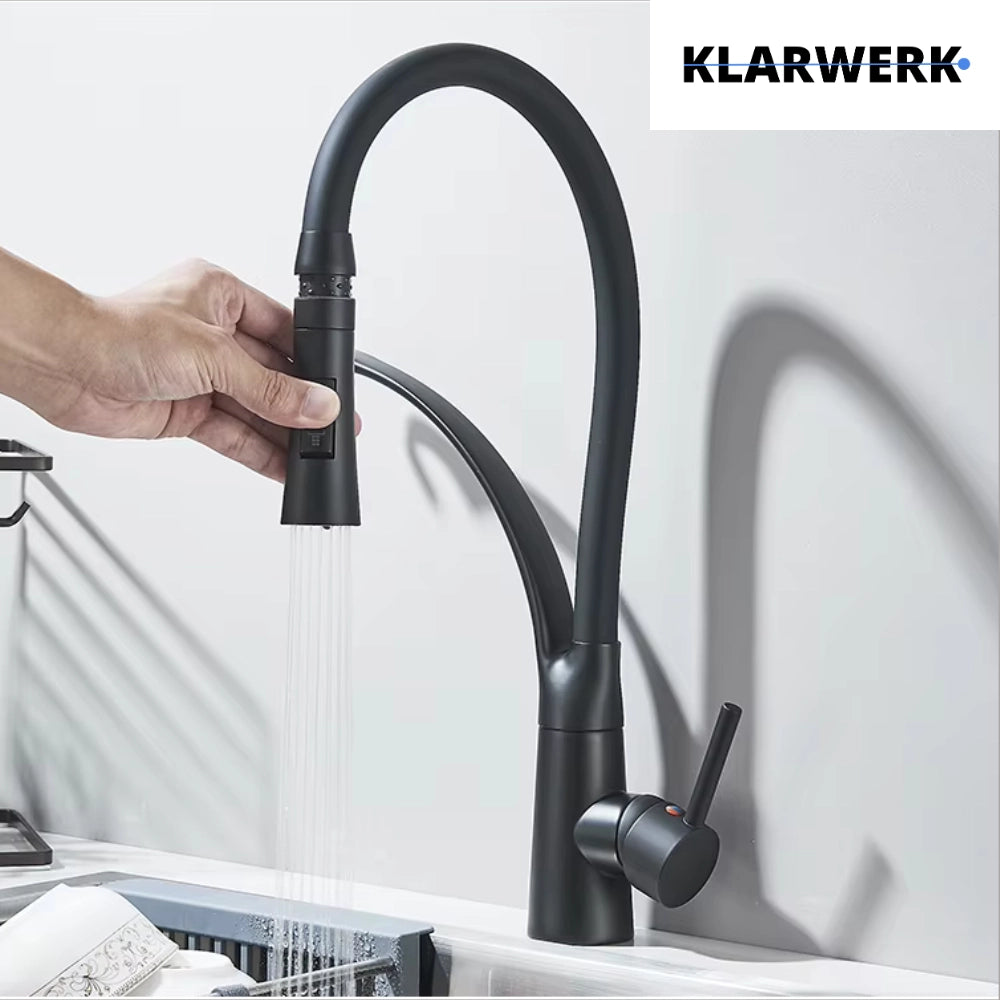JANA | Rubinetto cucina girevole flessibile in acciaio inox nero opaco|Rubinetto miscelatore arco alto|Rubinetto alta pressione 360° 2 attacchi gastro
