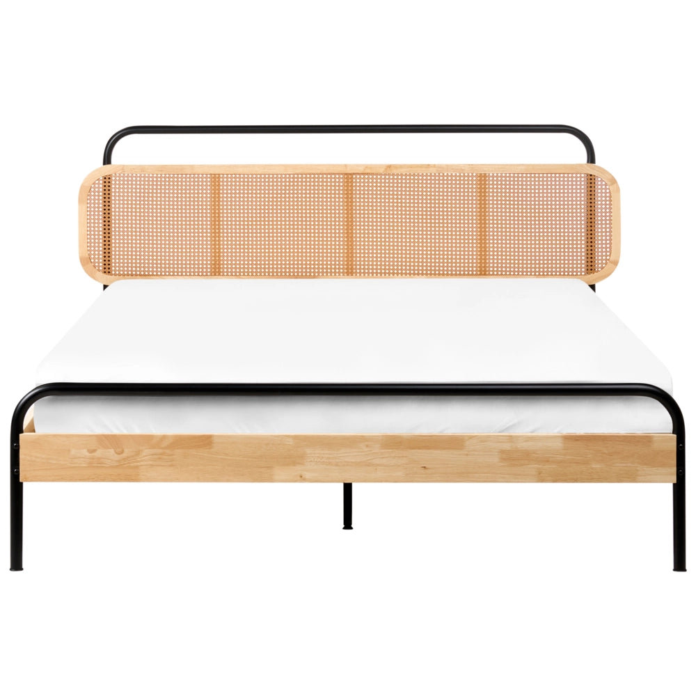 Letto matrimoniale moderno base a doghe con testata a treccia viennese in legno di gomma chiaro 160 x 200 cm Camera da letto