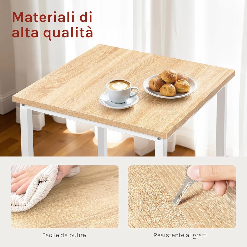 Tavolo da Bar Quadrato, Tavolo Cucina Alto, Tavolino in Metallo & Legno per Cucina, Soggiorno, Rovere Chiaro+Bianco