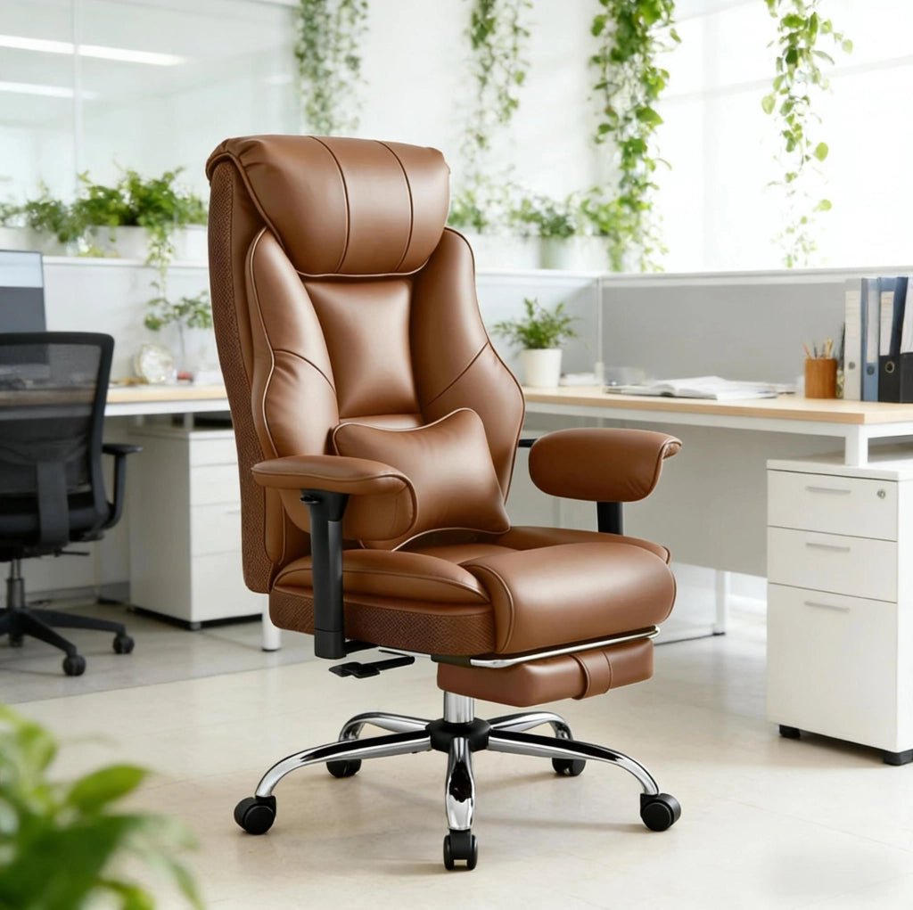 Poltrona direzionale ergonomica reclinabile marrone con poggiapiedi
