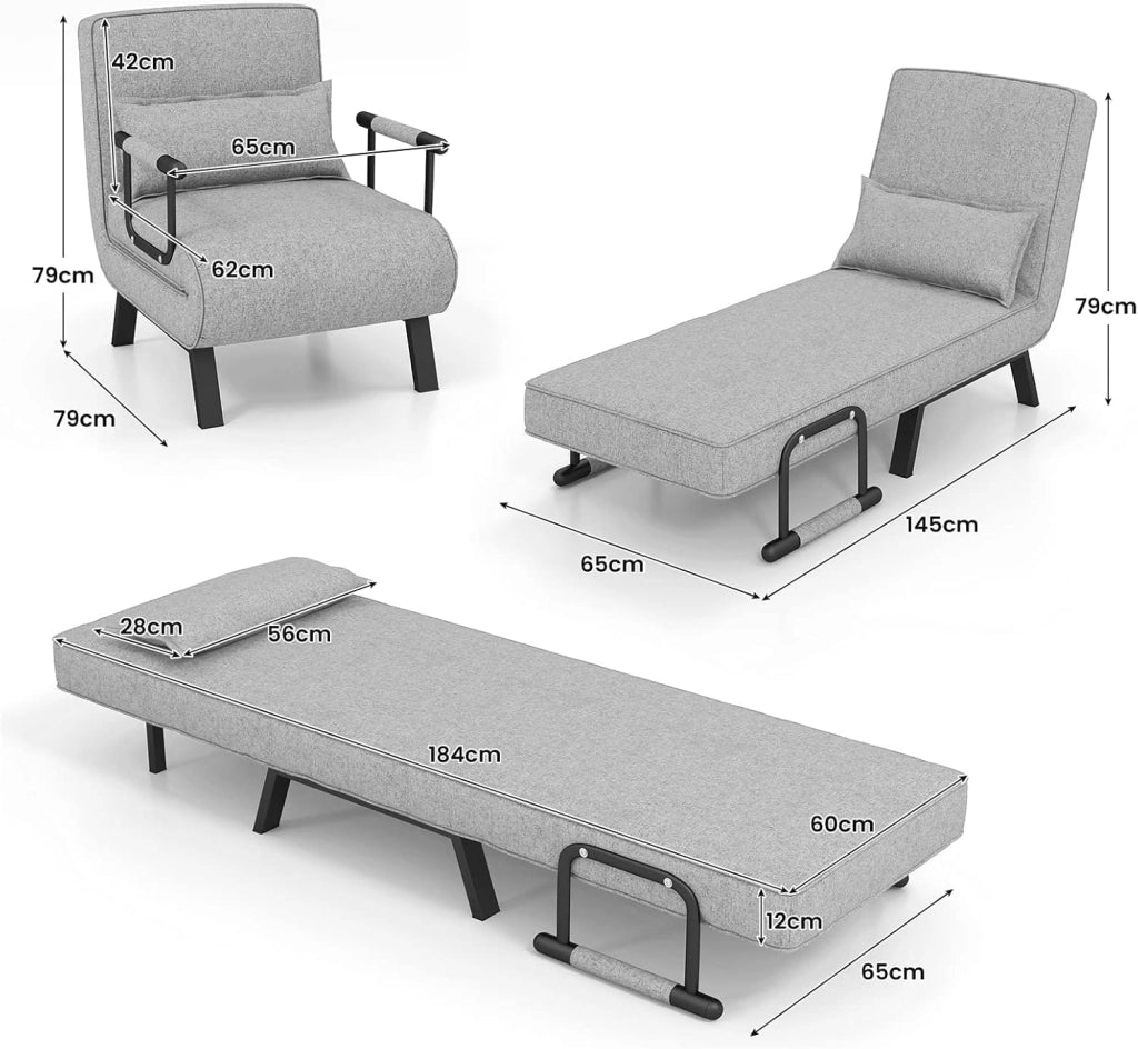 4 in 1 Poltrona Letto Singolo, Poltroncina Pieghevole con Schienale Regolabile in 6 Posizioni, Sedile Imbottito Robusto, Divano Letto per Casa Ufficio, 79x65x79 cm (Grigio chiaro)