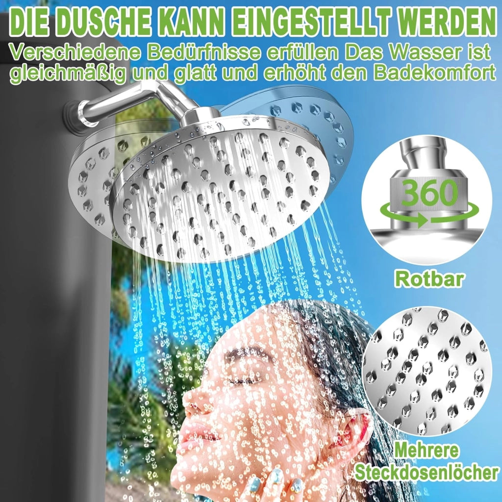 Doccia solare da giardino, 40 l, con cappa protettiva, per esterni, con rubinetto, soffione a pioggia, per giardino, piscina, campeggio, fino a 60 °C, colore nero