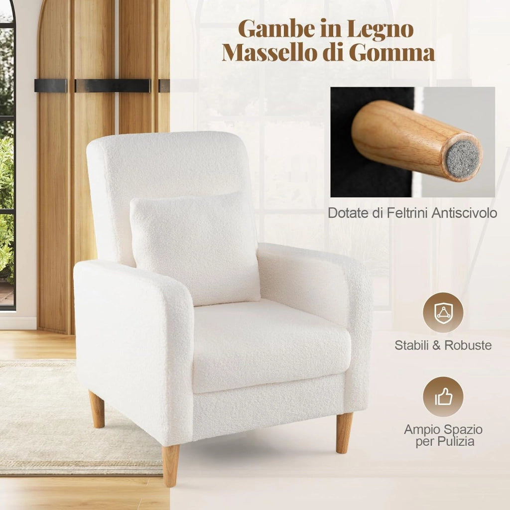 Poltrona da Salotto, Sofa Imbottita Ergonomica con Cuscino Lombare, Rivestimento in Pile Teddy, Gambe in Legno di Caucciù, Poltrona Moderna per Soggiorno e Camera da Letto, Portata 150 kg