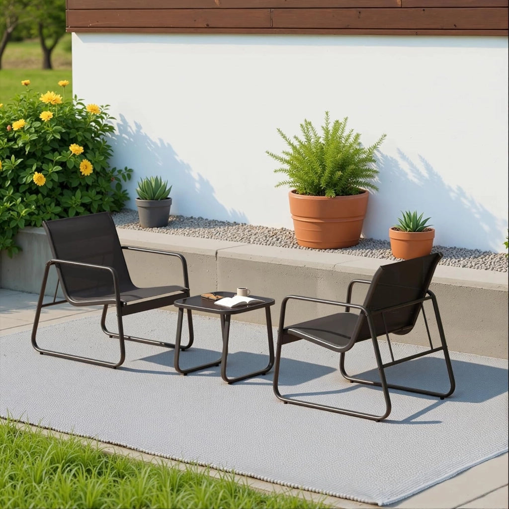 Set Mobili da Giardino 3 Pezzi - Salottino da Esterno con 2 Poltrone Ergonomiche e 1 Tavolino in Vetro Temperato - Set Bistro in Metallo e Textilene Traspirante per Balcone, Terrazzo e Patio