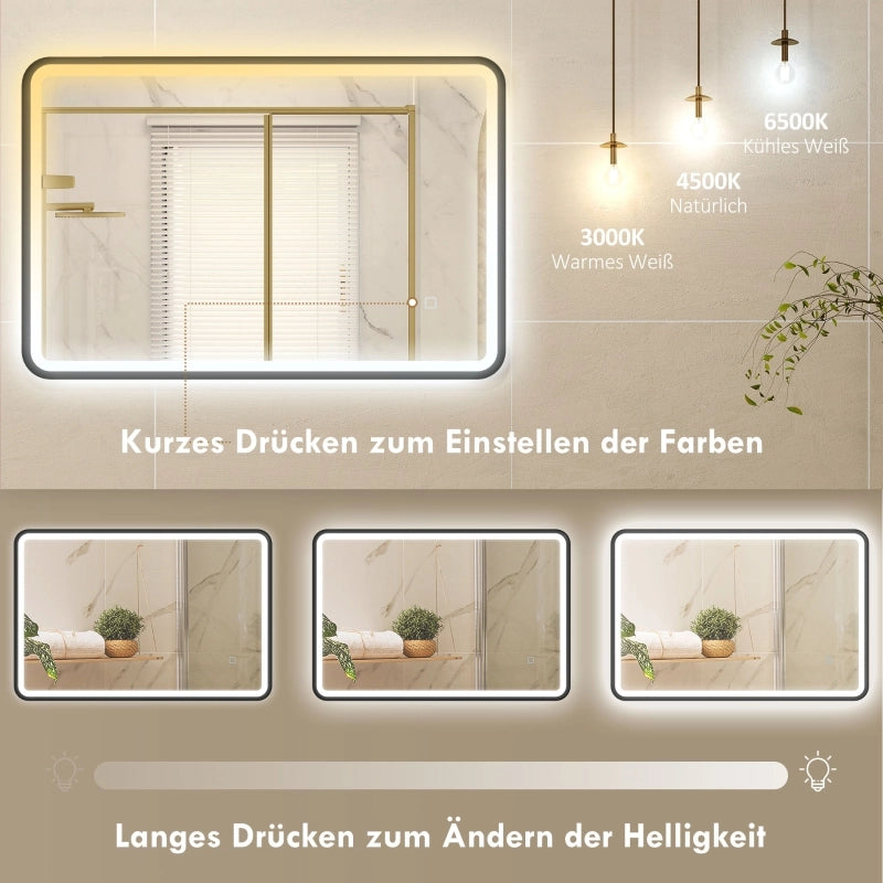 Specchio da bagno a LED 90 x 60 cm, luci, 3 colori, dimmerabile, funzione memoria, orientamento orizzontale e verticale, nero
