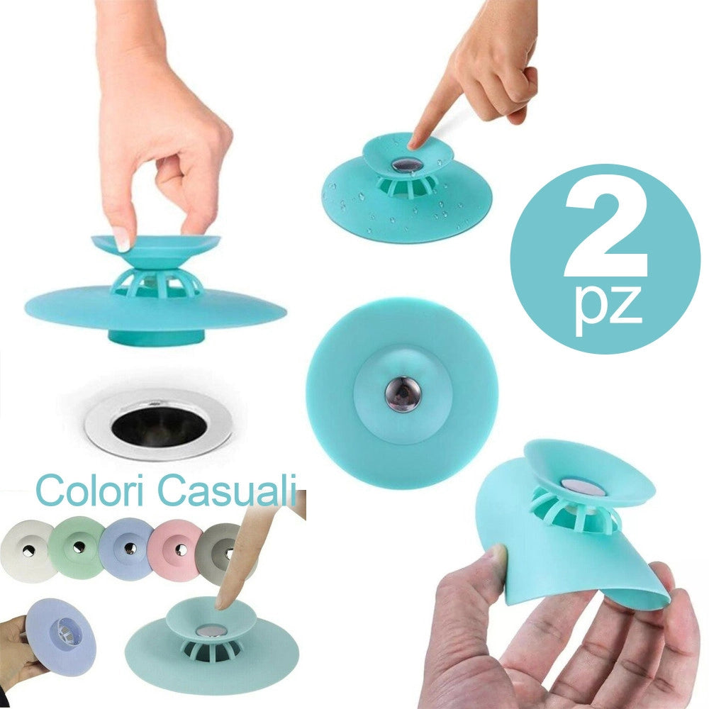 Trade Shop - Set 2 Tappo Pop Up In Silicone 2in1 Per Lavello Lavandino Rete Cattura Capelli -