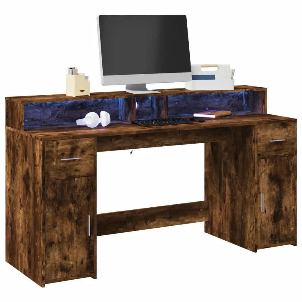 Scrivania | Tavolo da Ufficio con Luci LED Rovere Fumo 160x55x91 cm in Multistrato