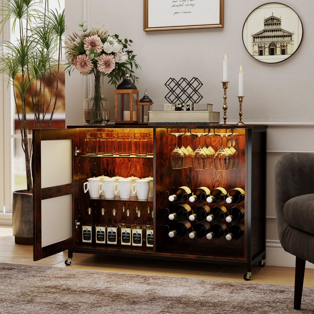 Mobile bar per vino con luce led credenza buffet con ripiani regolabili, Mobile bar per vino supporti per bicchieri Marrone
