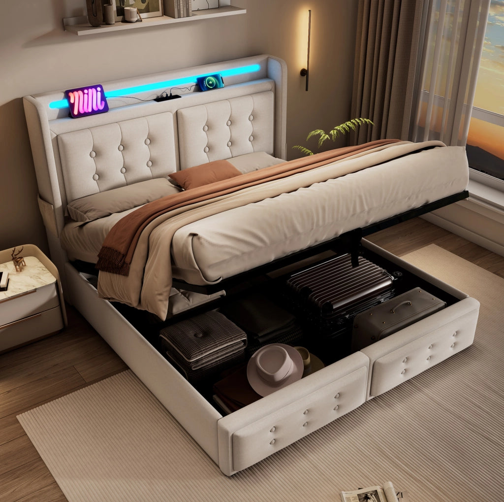 Letto matrimoniale 140x200 cm con contenitore; LED; prese e USB-C; tessuto cotone lino beige