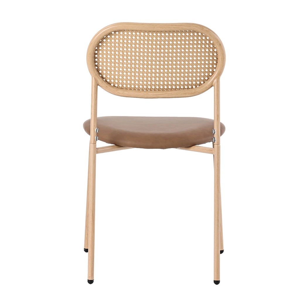Set di 4 sedie da pranzo con schienale ovale in rattan naturale; seduta marrone in PU e gambe in metallo