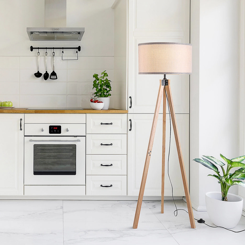 Lampada a Treppiede Stile Scandinavo ¨C zephmum ¨C Legno di Pino Lino Beige 45x45x152 cm