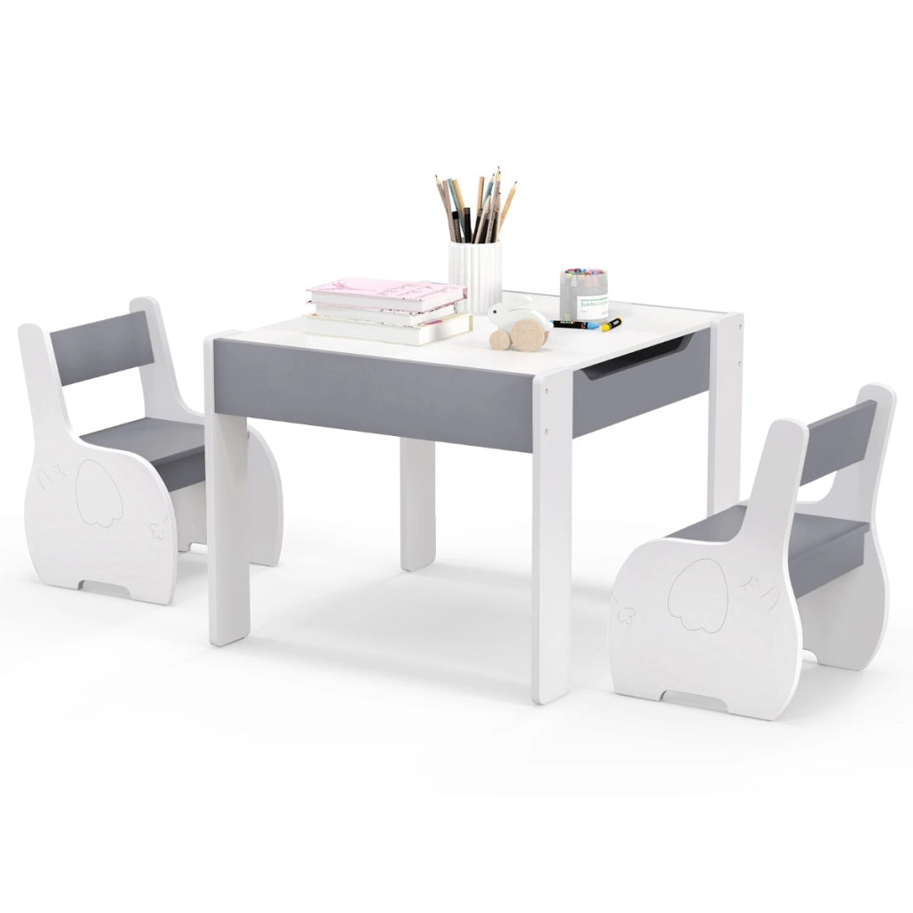 Set di tavolo e sedie per bambini con deposito lavagna rimovibile, Set di mobili 3 PCS per ragazzi e ragazze Bianco e grigio-Tavoli e sedie
