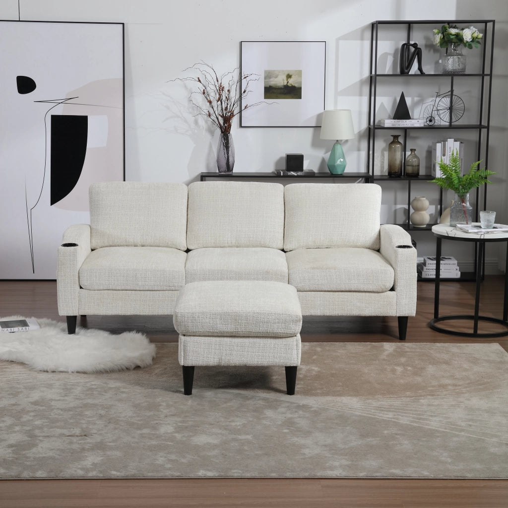 Divano 4 Posti con Pouf Contenitore; Portabicchieri e Tasche Laterali; in Ciniglia Beige; 196;5 × 75 × 77 cm