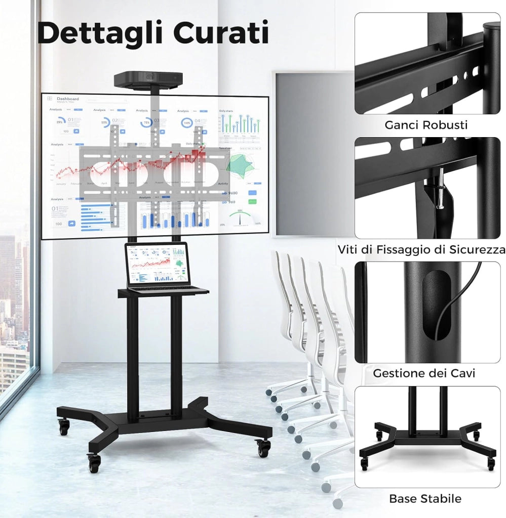 Supporto TV da Pavimento con Ruote per Schermi Plasma/LCD/LED 32-70 Pollici, Altezza Regolabile, Carrello Staffa Porta Mobile Supporto TV Fino a 50 kg, Max VESA 600 x 400mm