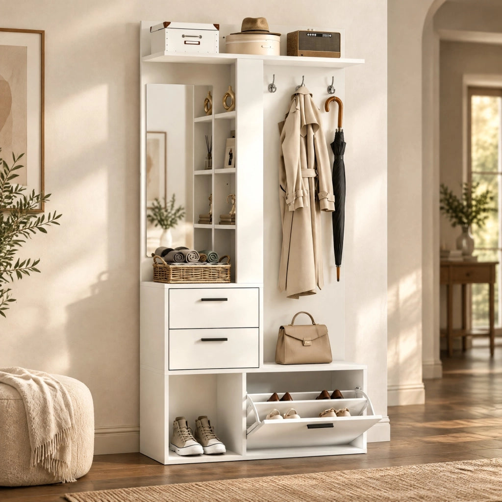 Mobile ingresso con scarpiera a ribalta e specchio 90x30x180 cm bianco HOMVRA
