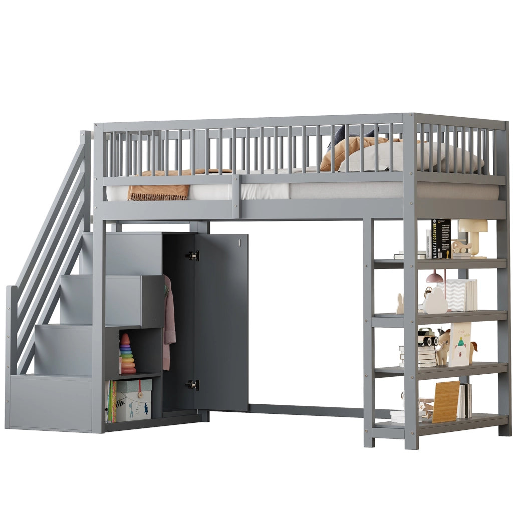 Letto a soppalco 90x200 cm grigio con armadio e ripiani