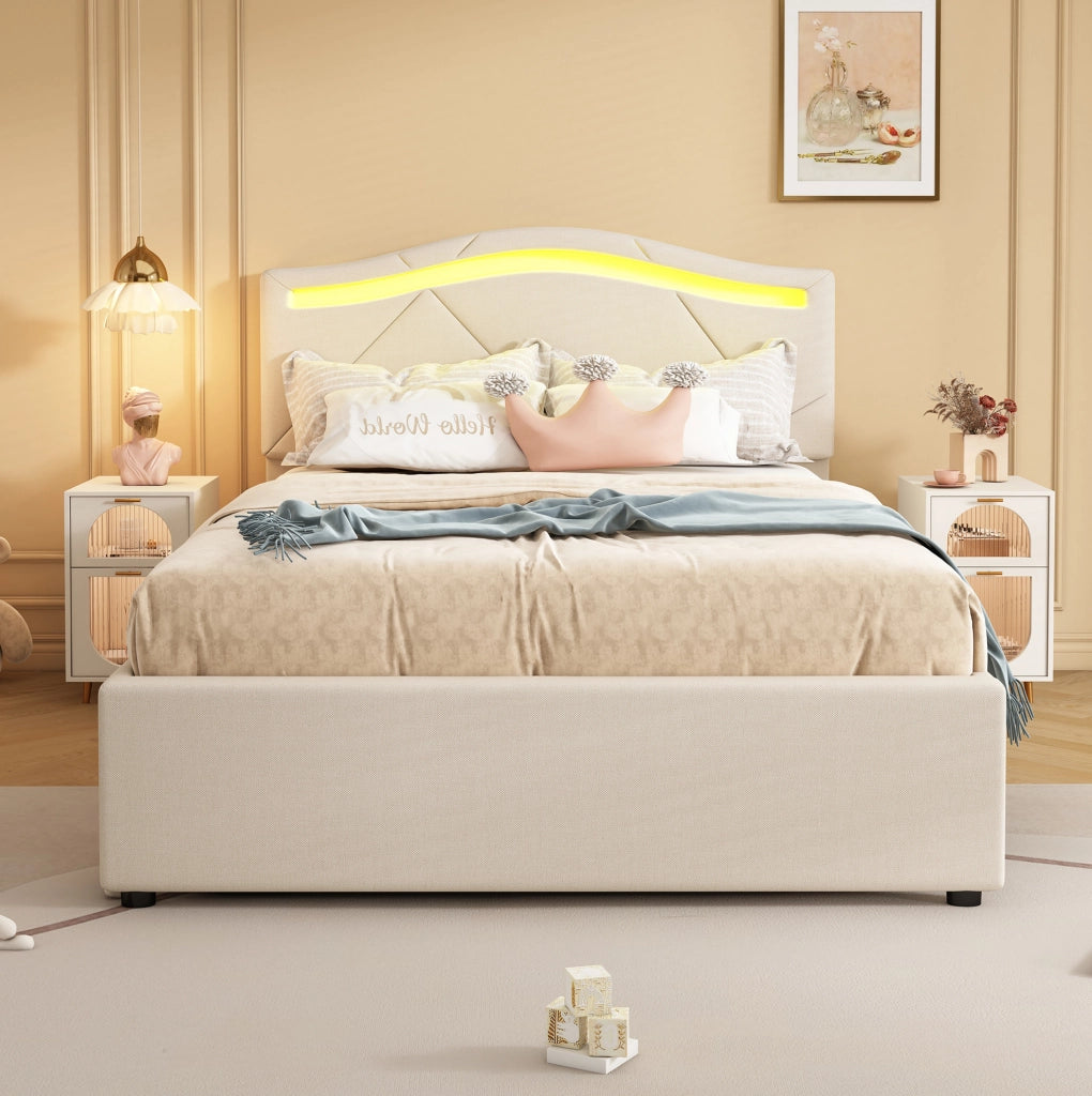Letto imbottito 90x200 cm con LED e 2 cassetti beige