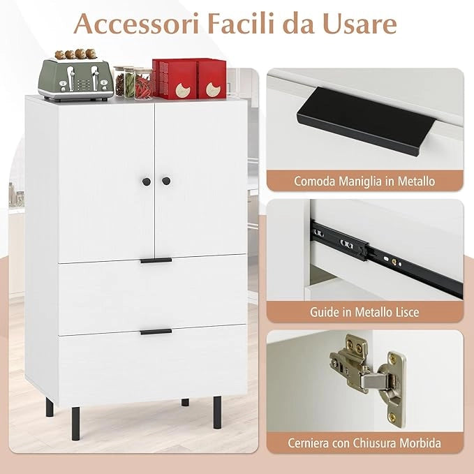 Credenza da Cucina, Armadio a 2 Ante con Cassetti e Mobile Contenitore, Mobile Cucina da Pavimento con Gambe in Metallo per Soggiorno e Appartamento, 60 x 41,5 x 102 cm (Bianco)