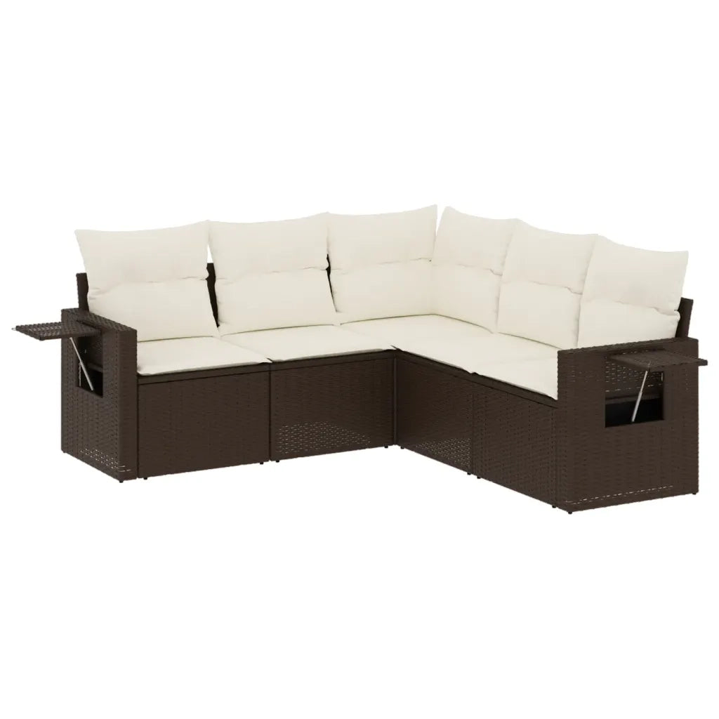 Set Divano da Giardino 5 pz con Cuscini Marrone in Polyrattan