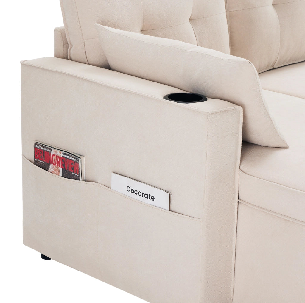 Divano letto U-förmige con contenitore, 4 posti, tessuto cotone-lino, beige, con 2 cuscini