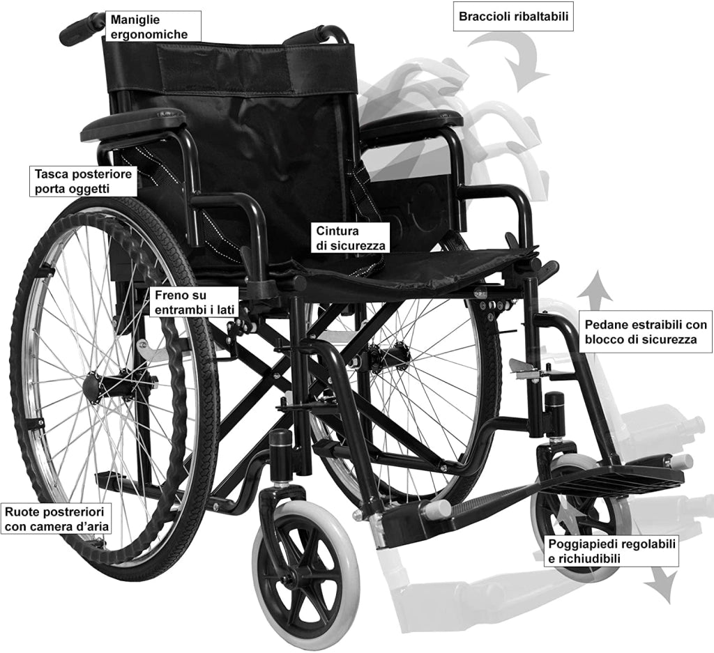 Sedia a Rotelle Pieghevole Leggera ad Autospinta,Carrozzina per Disabili ed Anziani con Braccioli Poggiapiedi Estraibili,Cintura di Sicurezza,Qualità Certificata,63 x 87 x 104 cm,Nero