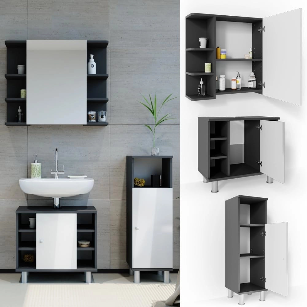 Set mobili bagno Fynn, Antracite, 60 cm, composto da mobile sottolavabo, specchiera e mobile medio