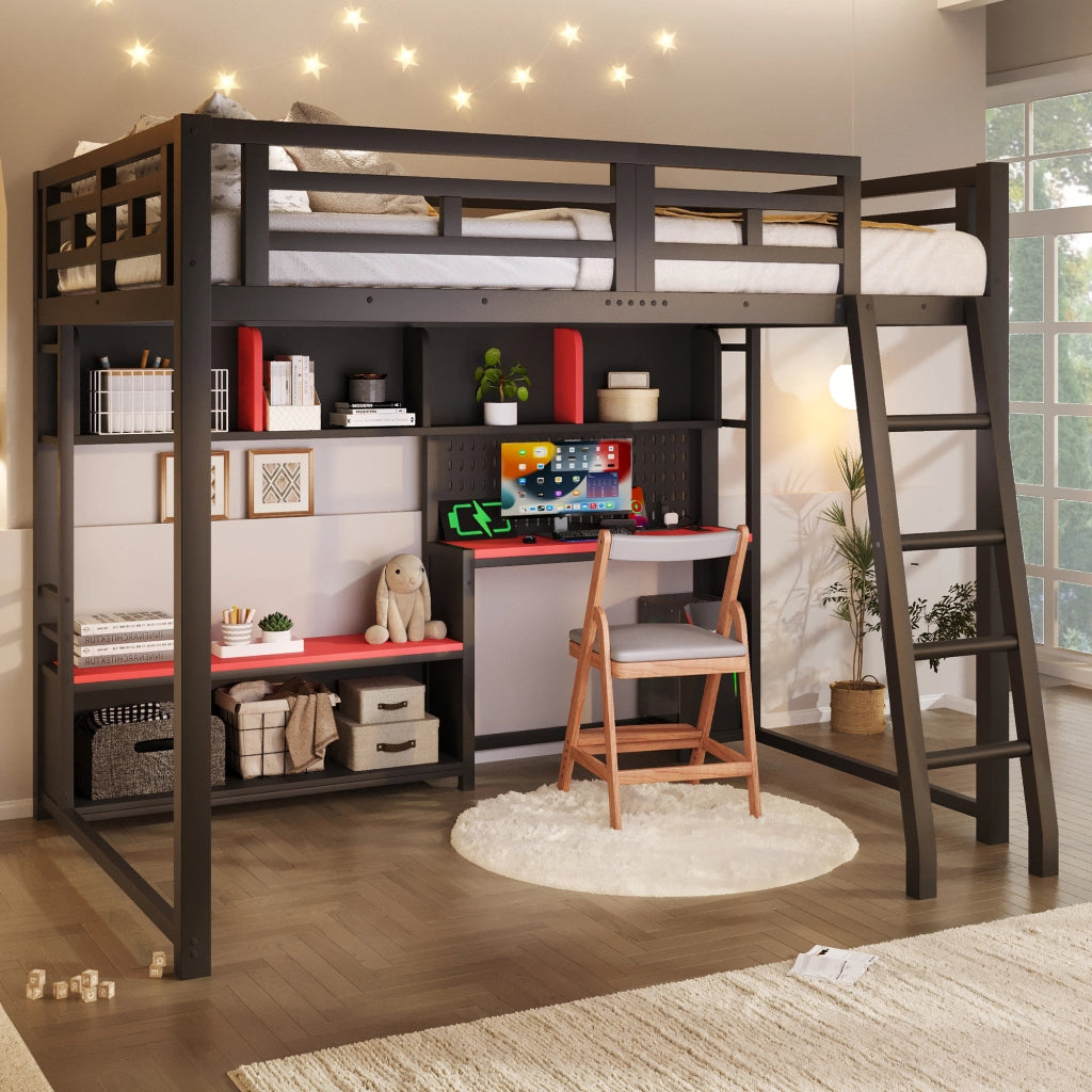 Letto a soppalco 140x200 con scrivania; LED RGB e scaffali laterali; nero