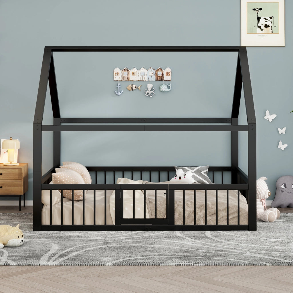 OKWISH Letto a casetta 140×200 cm, Letto Matrimoniale con Sponde e Cancelletto, senza Materasso, in Metallo, Nero