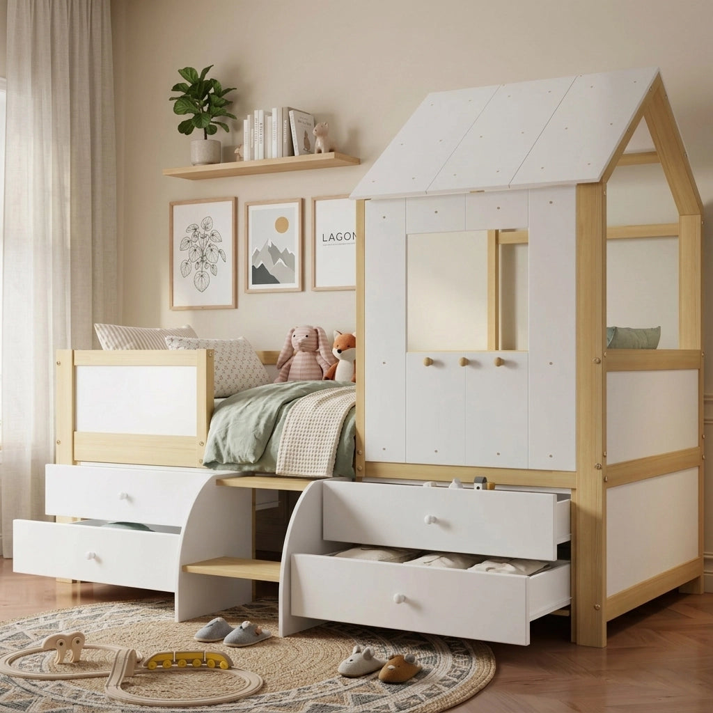 DESMIU Letto per Bambini Semialto 1 Posto con 4 Cassetti, Tetto e Finestra, 90 × 200 cm, Senza Materasso
