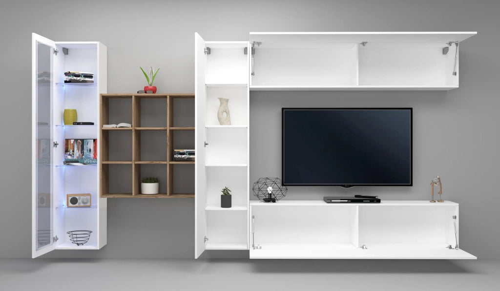 Parete attrezzata mobile TV pensile bianco libreria vetrina Femir WH