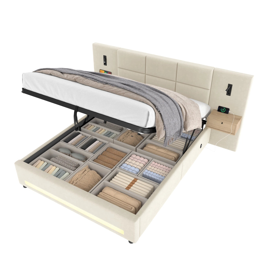 Letto Contenitore 180x200 cm; Matrimoniale con Cassetti; USB Type-C e LED in Velluto Beige