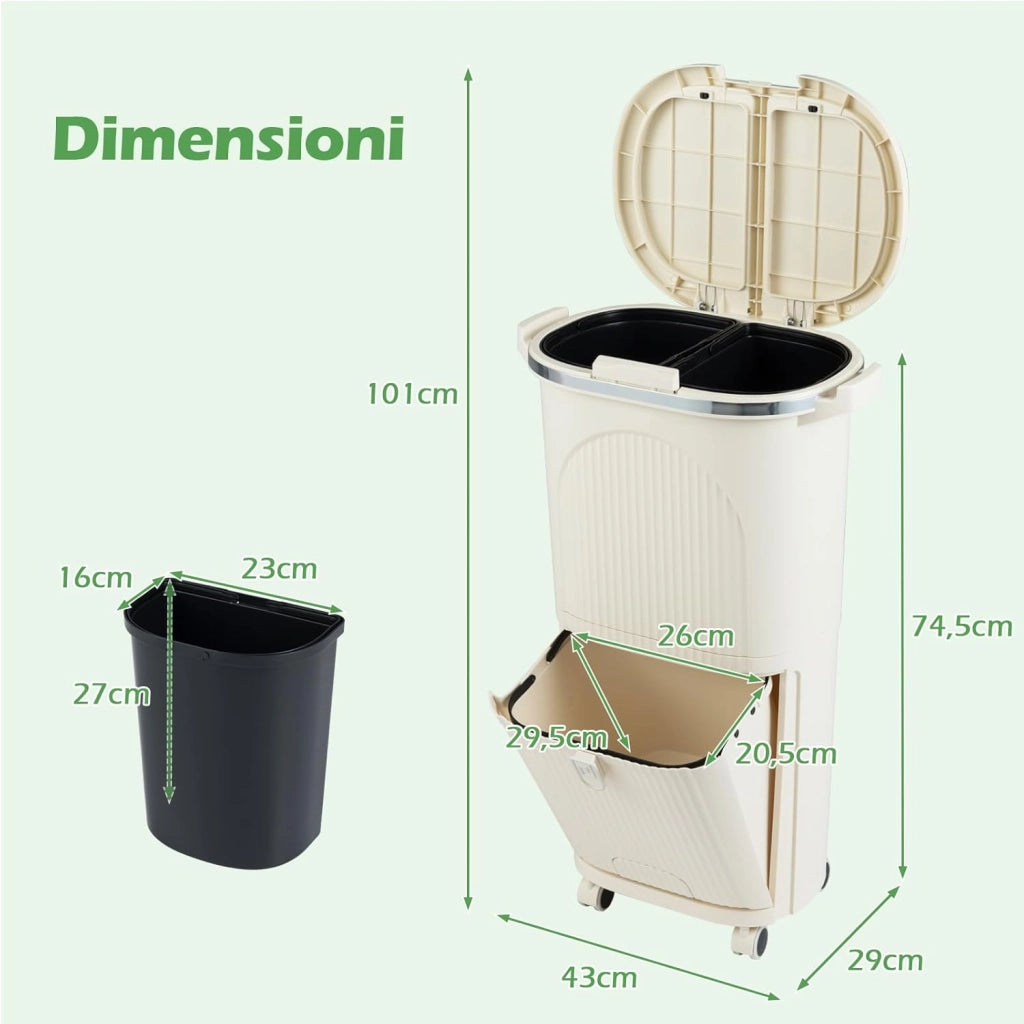 38 L（12+12+14 L） Pattumiera Differenziata, Secchio Spazzatura a 3 Scomparti con Coperchi, 2 Secchi Rimovibili Pedale e Ruote, Bidoni Differenziata per Bagno Cucina Ufficio